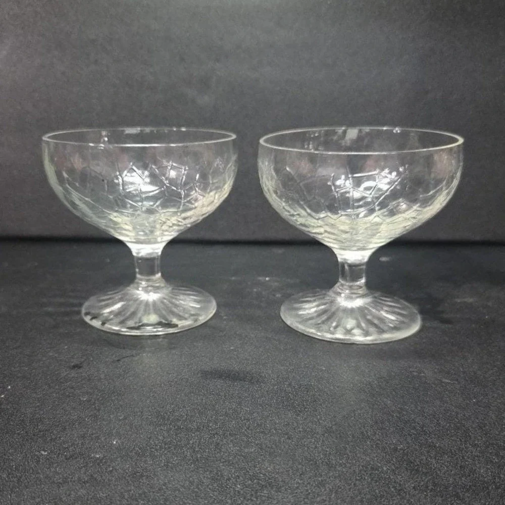 LE Smith Crackle Sherbet Glasses, Set of 2, Vintage Clear Dessert Cups, Stemware